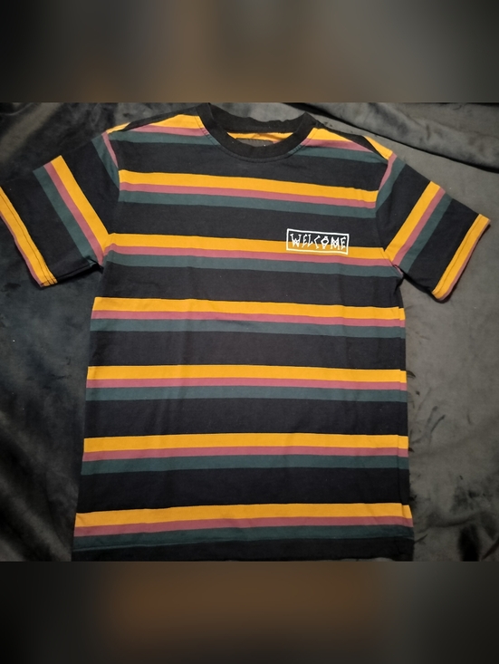Other - Welcome Striped Crew Black, Red, Mustard & Green Striped Cotton Tshirt - Small